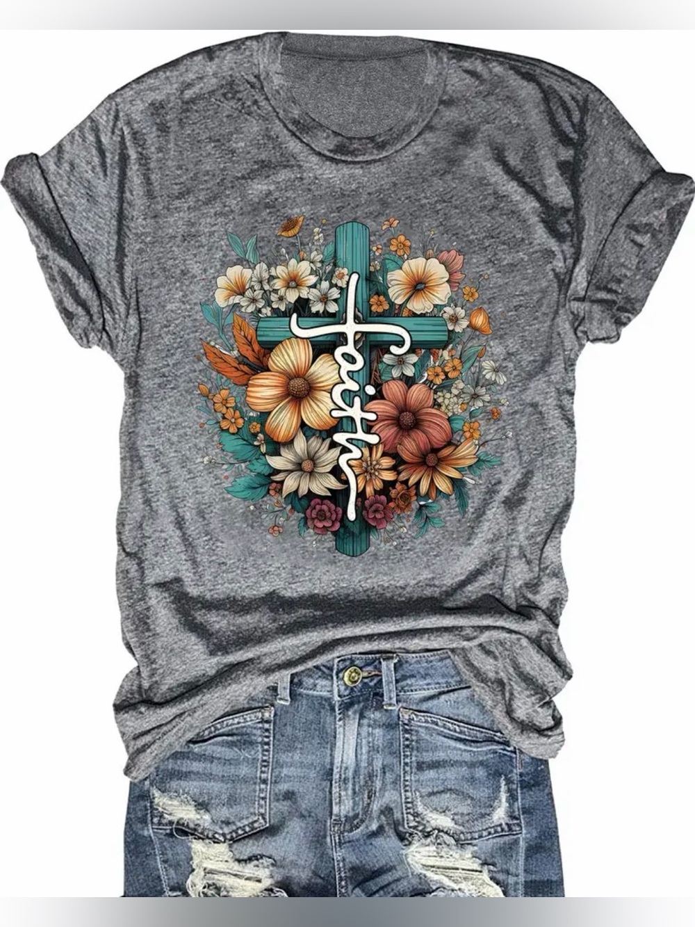 Faith Floral Cross Graphic Tee - Gray